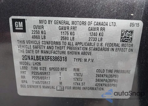2015 Chevrolet Equinox 1Lt from USA, damaged, VIN 2GNALBEK6F6386318